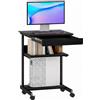HOMCOM Scrivania Tavolo per Computer, Scrivania da Ufficio con Cassetto e 4 Rotelle, 56x51 cm Tavolo per PC con 2 Ripiani Aperti, Postazione di Lavoro con Supporto CPU per Studio, Nero