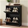 LUE BONA Scarpiera Salvaspazio Slim per 8 Paia, Mobile Porta Scarpe a 2 Ante a Ribalta, Spessore 23 cm, Organizzatore Scarpe per Ingresso e Corridoio, 55 x 23 x 80 cm, Naturale+Nero