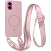 FMPCUON FNPCUON Cover Magnetica con Cordino per iPhone 16 Plus Compatibile con MagSafe,Ricarica Wireless, Placcatura Disegno Custodia con Collana Laccio Tracolla Regolabile Case.Rosa