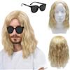 TSHAOUN Parrucca Bionda Uomo di Media Lunghezza Capelli 16''/40 cm Parrucca Lunga Ondulati Ricci e Occhiali da Sole, Anni '70 '80 '90 Cosplay Parrucca per Halloween Festa Costumi Parrucca (Bionda)