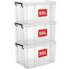 Cetomo 50L*3 Scatole di Stoccaggio, Bidone di Stoccaggio Impilabile con Coperchi, Contenitore Robusto con Angoli Rinforzati, Lati Verticali, di Plastica, Durevoli, PP, Trasparenti, 50L-3 Unità
