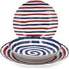 H&H Servizio Tavola Graphic da 18 Pezzi in Porcellana - Set Piatti per 6 Persone con Decoro a Righe Blu, Rosse e Bianche - Design Moderno e Funzionale