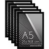 Americanflat Cornice A5 Nere - Set di 5 Cornici A5 per Foto con Bordo Sottile e Vetro Resistente agli Urti - Portafoto da Tavolo con Ganci e Cavalletto Integrati per Pareti e Ripiani