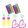 Mikovivi 3 Paia di Orecchini al Neon Anni '80 e '90 per Donna, Orecchini Pendenti Al Neon con Nastro a Cuore Retrò Fulmini Accessori Feste a Tema Anni '80 e '90 Gioielli Luminosi per Feste