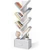 Xbro Libreria a forma di albero, libreria a 7 livelli, con cassetto in tessuto, albero CD, DVD, in legno, per soggiorno, camera da letto, ufficio, 38 x 19,5 x 113 cm, bianco