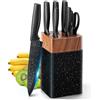 VINATO Set Coltelli da Cucina da 7 Pezzi con Ceppo e Affilacoltelli Integrato, Ceppo di Coltelli con 5 Coltelli Diversi e 1 Paio di Forbici, Set di Coltelli Affilati, Nero Marmorizzato