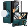 XKchatpt Custodia per Samsung Galaxy Z Fold 3 con Supporto Girevole a 360°, Protezione per lo Schermo in Vetro Temperato 9H, Pelle PU, Ricarica Wireless, Antiurto e Anticaduta, Verde