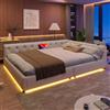 YuQozii Divano letto, letto diurno, 140 x 200 cm, divano letto con rete a doghe (senza materasso), illuminazione ambiente con telecomando, testiera con asole, USB + tipo C, lino (beige)