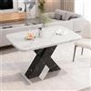 Kelodan 120 cm - 160 cm Modern Rettangle Dining Table Stretchable, Print White Marble Table Top + MDF Black X-Shape Table Leg with Metal Base