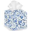 DELORIGIN Scatola per fazzoletti pieghevole quadrata con fiori blu e uccelli, in pelle impermeabile, organizer per camera da letto, ufficio, auto, 13 x 13 x 13 x 13 cm