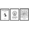 Nacnic Set di 3 Stampe artistiche cartina geografica della città di Londra, monumento Big Ben, Regno Unito. Mappa geografico di Inghilterra, monumenti paesi.
