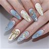 Vesavifaka Press on Nails, Unghie Finte Corte a Mandorla, Unghie Finte 3D Blu Oceano con Fiocco Dorato, Stella, Perla e Design di Onde, Unghie in Acrilico Glitterate da Incollare, Unghie Artificiali