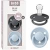 BIBS De Lux Ciuccio confezione da 2 pezzi. Privo di BPA, Tettarella tonda. Silicone, Misura unica, Iron/Baby Blue