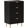 HOMCOM Cassettiera 4 cassetti, mobile contenitore moderno con maniglie e piedi dorati, dim. 60 x 40 x 96 cm, nero | Aosom Italy