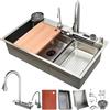 DSMRLEOP Lavello a cascata, 90 x 50 cm, 1 vasca rettangolare, in acciaio inox spazzolato, grande lavello da cucina con rubinetto estraibile, sifone, troppopieno e scarico