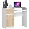 AKORD | Scrivania con Ripiano per Tastiera, Cassetto e Armadietto Sul Lato Sinistro | Scrittoio per Ufficio | Scrivania per Computer PC Laptop | Salvaspazio | 90x77x50 cm | 30 kg Bianco/Rovere Sonoma