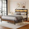 ZSSWSS Letto 140x200 Industriale con Illuminazione LED e Ripiano per Testiera, Letto Matrimoniale in Metallo e Legno con Testiera Imbottita, Struttura Letto con Rete a Doghe, Letto Moderno per Camera