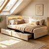 Julyue Letto Singolo Angolare 90x200 cm, Divano Letto a L in Tessuto Effetto Lino Beige, 2 Cassetti, LED RGB 16 Colori, 2 Prese EU, USB-A/USB-C, Reversibile, Rete a Doghe, Senza Materasso