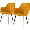ECD Germany Set di 2 Sedie Sala da Pranzo con Schienale e Braccioli Ocra Giallo Senape Poltrone Soggiorno Cucina con Rivestimento in Velluto e Gambe in Metallo Poltroncine da Salotto Confortevoli