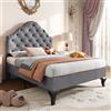 Merax Letto imbottito 90 x 200 cm, letto singolo con poggiatesta decorato a bottoni, telaio letto con rete a doghe e gambe in legno, testiera regolabile in altezza, velluto, grigio, senza materasso