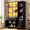 Kebnor Armadietto alto con vetrina in vetro e LED, libreria con 13 scomparti, 4 cassetti e ante, adatto per sala da pranzo e soggiorno (120 x 35 x 200 cm, nero)
