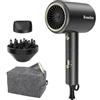 Rescien Asciugacapelli agli ioni 150.000 giri/min, asciugatura rapida, 26 m al secondo, silenzioso, con diffusore/ugello per styling/custodia da viaggio, mini asciugacapelli da viaggio per donna/uomo, nero