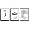 Nacnic set 3 Stampe artistiche cartina geografica della città di Tokyo, isola giapponese. Mappa della città dell'arte, stile nordico in bianco e nero.