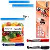 TIANLIN 70 Sacchetti Freezer Riutilizzabili, 3 Misure (0,7L, 1,1L, 4L) Sacchetti Alimenti con 3 Pennarelli Colorati, Sacchetti Plastica Richiudibili per Frutta, Verdura, Carne e Snack