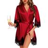 Lovasy Kimono in Raso da Donna Corta Sposa in Pizzo Accappatoi e Vestito Seta Vestaglia Sexy Leggero Scollo a V con Cintura Abito da Damigella d'Onore,A-Bianco,S