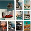 Potdemiel Poster Fotografico su Tela di Auto Sportiva Retrò di Lusso, Villa sulla Costa, Piscina di Palm Springs, Stampa Artistica da Parete per Arredamento Casa