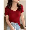 NONE Maglione Estivo 2026 Slim a Maniche Corte, Bodycon, Sottile, con Scollo a V, Tinta Unita, in Maglia a Costine, da Donna
