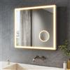 SONNI Armadietto a specchio a LED con specchio ingranditore 3 volte e presa 65 x 60 cm, armadio a specchio in alluminio con interruttore touch, 3 colori chiari + anello defogging, IP44
