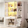 Kebnor Armadietto alto con vetrina in vetro e LED, libreria con 13 scomparti, 4 cassetti e ante, adatto per sala da pranzo e soggiorno (120 x 35 x 200 cm, bianco)