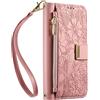 JIUNINE Cover per Realme GT 7 / GT 7T, Custodia Libro PU Pelle Antiurto Portafoglio Donna, Slot per Carte, Stand Regolabile, Chiusura Magnetica, Motivo Floreale con Foglie in Rilievo, Rosa