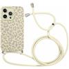 Coalbooliy Custodia con Cordino per iPhone 15 Pro Max 6,7 Morbido TPU Bumper Cover del Modello Bianco Leopardato con Laccio Collana Silicone Antiurto Case Regolabile Cellulare Girocollo, 04