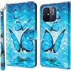 BLOTECH Custodia para Redmi 11A 4G/Redmi 12C Cover Portafoglio, Redmi 11A 4G/Redmi 12C Custodia 3D Pittura Colorata Wallet Case Retro a Libro Protettiva con Corda Custodia Leather Flip Cover,Farfalla blu