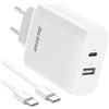 Qackenm Caricatore USB C da 65 W, GaN con cavo di tipo C da 2 m, alimentatore USB-C a 2 porte, PPS per MacBook Pro/Air, iPhone 16/16 Pro, iPhone 15/15 Pro/15 Plus, iPad mini/Air, Galaxy S24/S23