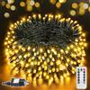 Montegoni Catena luminosa 20 m con 200 LED bianco caldo - 8 modalità & telecomando - alimentatore GS IP44 - illuminazione natalizia per interni ed esterni, balcone, finestra, giardino, festa