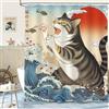 hometrixx Tenda Doccia Gatto Divertente 180x180 cm Poliestere Impermeabile Giapponese Blu Oceano Onda Anime Nautica per Tenda Vasca da Bagno con 12 Ganci Lavabile in Lavatrice per Casa Hotel