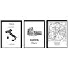 Nacnic set 3 Stampe artistiche cartina geografica della città di Roma, Colosseo e penisola italiana. Mappa della città dell'arte, stile nordico in bianco e nero.