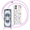 Saqmkil Magnetica Cover con Cordino per iPhone 16 6,1, Compatibile con MagSafe Custodia con Collana Tracolla Laccio, Trasparente Aesthetic Disegni Fiori TPU Silicone Antiurto Protettiva Case, Viola 2