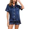 Generisch Pigiama da donna corto in seta, con bottoni, biancheria da notte, in due pezzi, a maniche corte, con bottoni e pantaloncini, in raso, 2 pezzi, da donna, estivo, in mussola, A0182 blu marino