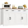 TEENFON Credenza Cucina 140cm, Mobile Cucina Salvaspazio con 2 Cassetti e 4 Ante, Buffet per Sala da Pranzo, Mobile Soggiorno con Ripiano Regolabile, Bianco 140x40x80 cm