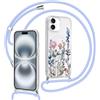 Saqmkil Magnetica Cover con Cordino per iPhone 16 6,1, Compatibile con MagSafe Custodia con Collana Tracolla Laccio, Trasparente Aesthetic Disegni Fiori TPU Silicone Antiurto Protettiva Case, Blu