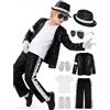 Generico Michael Costume Jackson Vestito Bambino, Pop Star, Set 6 Pezzi Con Giacca Nera Con Paillettes, Pantaloni, Cappello, Guanto - Spettacoli Halloween Christmas
