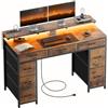 HLFURNIEU LED Gaming Scrivania con 8 Cassetti in Tessuto, 120 x 50 cm, Marrone