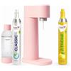 SodaTASTE Mysoda Woody - Gassatore di acqua in composito di legno rinnovabile con bottiglia di plastica senza BPA da 1 l, cilindro di CO2 Classic + cilindro di CO2 limone (rosa)