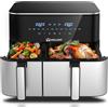 WELLENT Friggitrice ad aria calda da 11 l, 2 camere, 2600 W, XXL Airfryer Dual Zone (4 + 7 l), friggitrice ad aria calda digitale 10 in 1, doppia camera con touch screen, Match & Sync, promemoria