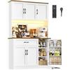 FirFurd 180.5 cm Credenza Cucina Alta con Presa Integrata e Luce LED Bianco | Mobile Cucina a Cassetti｜Porta Interna Con Ripiani Per Spezie｜Ripiani Regolabili｜Ampio Piano di Lavoro｜100.2x38.6x180.5 cm