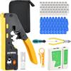 Focenat Crimpatrice RJ45, Pinza Crimpatrice RJ45 Pass Through Multifunzione Spelafili per Cavo Ethernet CAT7/CAT6A/CAT6/CAT5E/CAT5 con Tester per Cavi di Rete Connettori RJ45 Coperture, Strumenti Kit di Rete